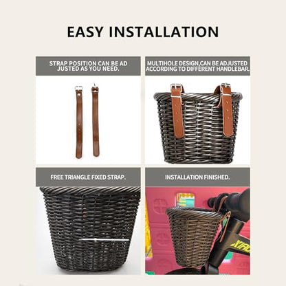 Kids Bike Basket Woven Basket Front Handlebar Wicker Bicycle Basket with Adjustable Straps for Boys Girls Bicycle Scooter - color: Blue