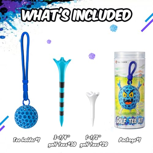 Professional Plastic Golf Tees 50/60/100 Pack (3-1/4" or 2-3/4"), Enhanced Durability & Stability, Engineered to Minimize Friction and Side Spin - color: Blue (1-1/2'', 20pcs & 3-1/4'', 30pcs) + tee holder