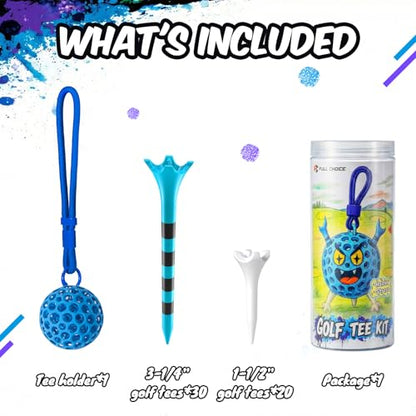 Professional Plastic Golf Tees 50/60/100 Pack (3-1/4" or 2-3/4"), Enhanced Durability & Stability, Engineered to Minimize Friction and Side Spin - color: Blue (1-1/2'', 20pcs & 3-1/4'', 30pcs) + tee holder