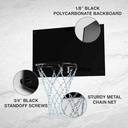 Indoor Wall Mount Mini Basketball Hoop with Metal Chain Net, Black Rim & Backboard, Includes, Ball, Pump, 9-inch Hoop, Standoff Screws, 18x12 or 21x16