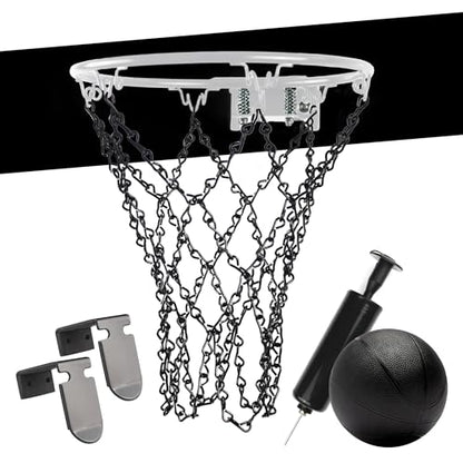 Mini Basketball Set, 9-Inch White Rim with Chain Net, Door Hooks, Ball and Pump - color: Black