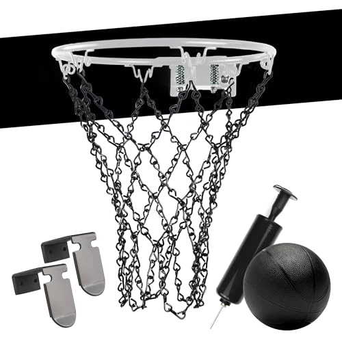 Mini Basketball Set, 9-Inch White Rim with Chain Net, Door Hooks, Ball and Pump - color: Black
