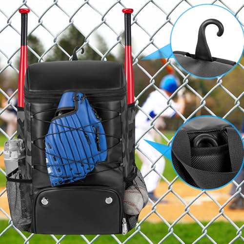 Softball Bag for Youth Adult, Large Leather Baseball Bat Backpack with Shoe Compartment, Waterproof Baseball Bag with Fence Hook for TBall Bat & Equipment