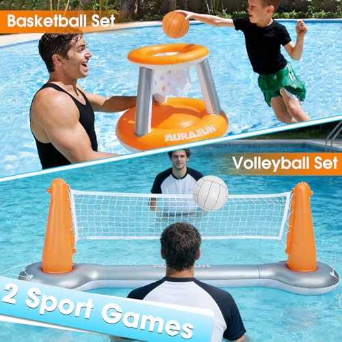AURASUN Inflatable Pool Volleyball Net, Floating Swimming Pool Set with Basketball Hoop, Summer Pool Game Toy for Kids and Adults, Float Water Volleyball Court
