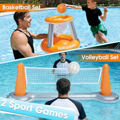 AURASUN Inflatable Pool Volleyball Net, Floating Swimming Pool Set with Basketball Hoop, Summer Pool Game Toy for Kids and Adults, Float Water Volleyball Court