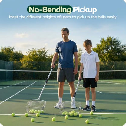 YooKoo Rolling Tennis Ball Picker, 29"–43" Adjustable Tennis Ball Hopper, Lightweight and Sturdy, Holds Up to 25 Balls, Quick Pickup of 1.5″–3″ Balls, Suitable for Training and Teaching