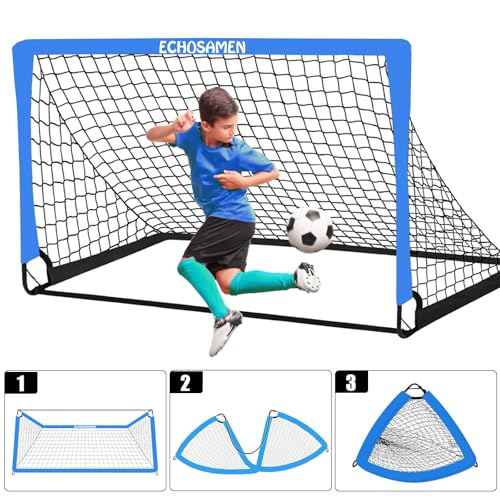 Kids Soccer Goals for Backyard, 2 of 6 x 4 ft Kids Soccer Goal Set Soccer Net with 10 Soccer Cones, Agility Ladder & Carry Bag, Portable Soccer Training Equipment. - color: Blue
