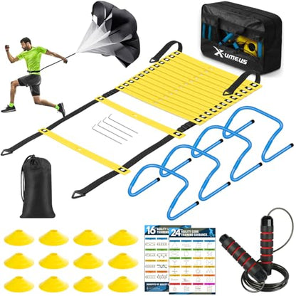 X-UMEUS Agility Ladder Speed Training Equipment Set-20ft Agility Ladder,12 Soccer Cones,4 Hurdles, Jump Rope, Running Parachute| Basketball Football Soccer Training Equipment for Kids Youth Adults - color: Yellow Blue