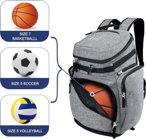 WOLT Basketball Bag Backpack with Separate Ball Compartment and Shoes Pocket, Gym Bags for Men, Large Sports Bag for Basketball, Soccer, Volleyball, Baseball - color: Grey