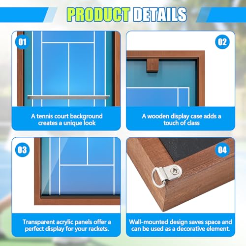 Chunful Wooden Tennis Racket Display Frame Wall Mounted Tennis Racket Storage Rack Display Stand with Walnut Base Copper, 31.5 x 15.8 Inch