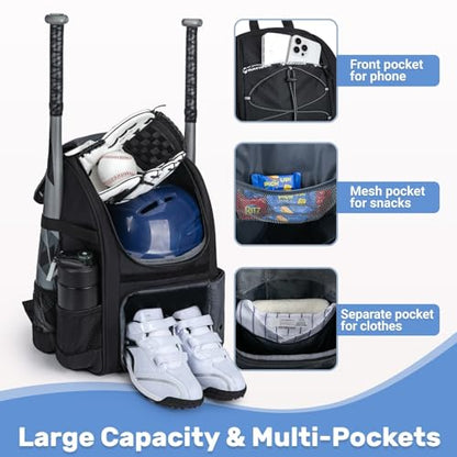 KAVIGOR Youth Baseball Bag, Softball Bag for Girls & Boys, Kids Tball Backpack with Shoes Compartment - color: Black