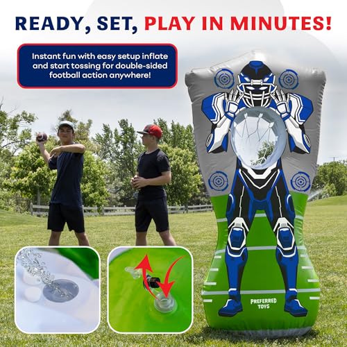 Preferred Toys 65” Inflatable Football Target Net Toss Game - Double-Sided Throwing Practice Football Stuff with Mini Balls - Backyard Tailgate Party Sports Toy for Kids & Adults - color: Robot Red/Blue