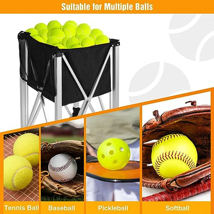 Portable Tennis Ball Hopper Holds 180 Balls, Tennis Ball Basket Cart with 4 Wheels & Brakes, Detachable Oxford Fabric Bag for Tennis and Pickleball Training, Black - color: Silver Aluminum