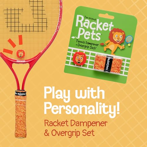 Racket Pets Kids Tennis Racket Dampener & Matching Overgrip Tape, Performance Shock Absorbing Dampener for Tennis Racket & Fun Animal Print Tennis Wrap Grip Tape - style: Lion