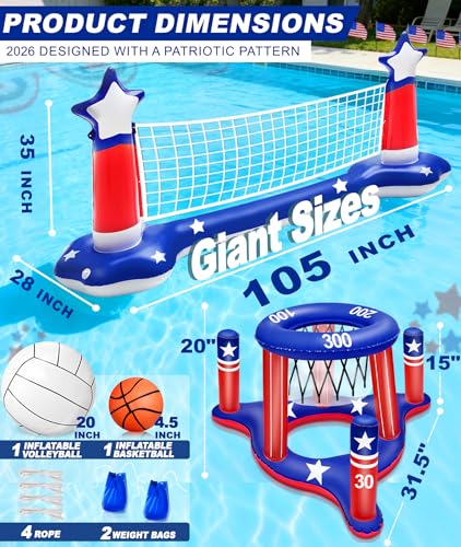 4th of July Pool Games Set, Volleyball Net & Basketball Hoop & Ring Toss, 250th Anniversary 3-in-1 Large Inflatable Water Sport Game Toys for Multi-Player Adults American Flag Swimming Summer Party