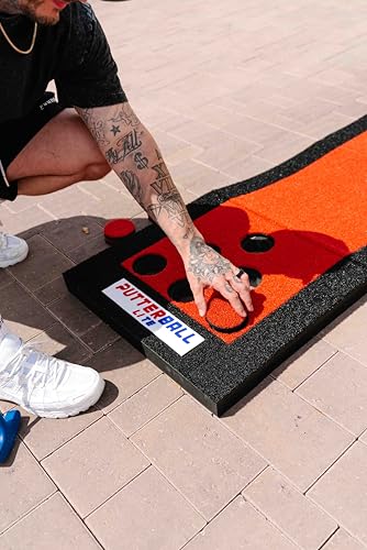PutterBall Original Golf Putting Game Set – Backyard Putting Green Pong Style Golf Mat with 2 Putters, 2 Balls & Hole Covers - 9 ft - color: Red