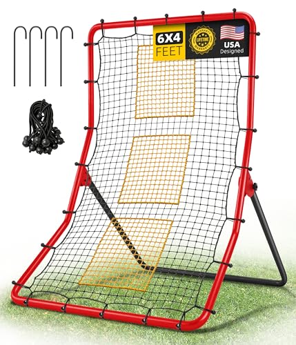 Heavy Duty Baseball Rebounder Net Pitchback, Baseball and Softball Bounce Back Net for Ground, Line Drive, Fly Ball Return Settings Fielding Trainer - color: Red, size: 6x4 FT