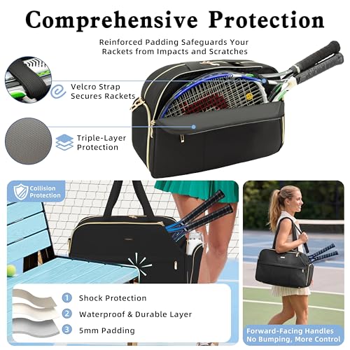 Tennis Bag for Women with Shoe Compartment, Large Tennis Racket Bag Fits 2 Racquets, Pickleball Gym Sports Tote with Shoulder Strap & Water Bottle Pocket - color: Black