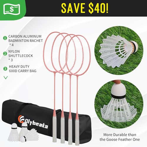 Outdoor Baminton Net Set for Backyard, Beach, Family Games with 20 * 3ft Anti-sag Net, 4 Aluminum Badminton Rackets, 3 Shuttlecocks, Carring Bag - Easy Set Up & Portable - color: Pink