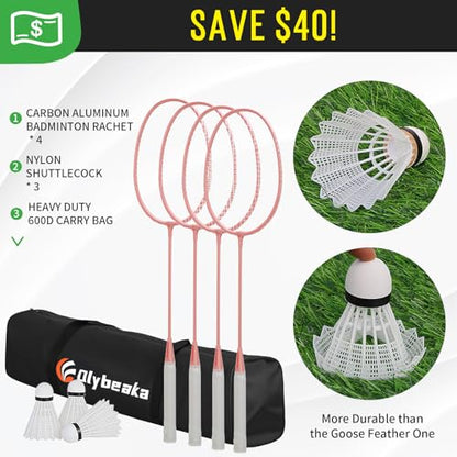 Outdoor Baminton Net Set for Backyard, Beach, Family Games with 20 * 3ft Anti-sag Net, 4 Aluminum Badminton Rackets, 3 Shuttlecocks, Carring Bag - Easy Set Up & Portable - color: Pink