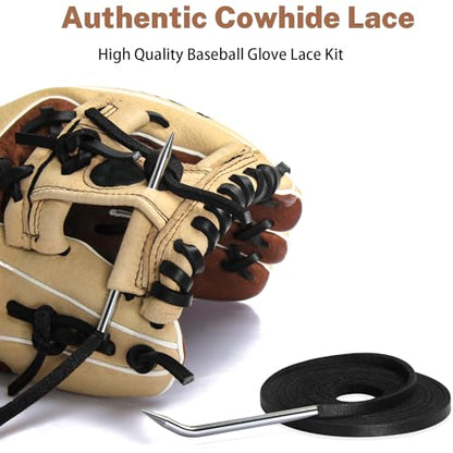 Softball Baseball Glove Lace, Mitt Lace Repair Kit Includes 2 Leather Laces and Lacing Needle for Catcher's Glove - color: Black