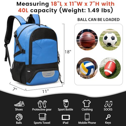 Basketball Backpack - Large Sports Equipment Bag with Ball Holder & Shoe Compartment for Basketball. (blue) - color: Blue