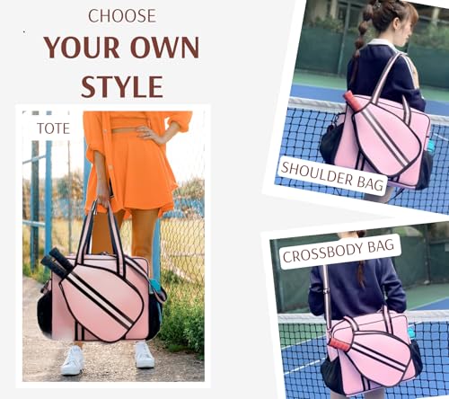 Pickleball Sports Tote Bag with Racket Holder, Neoprene, Adjustable Shoulder Strap - color: Pink