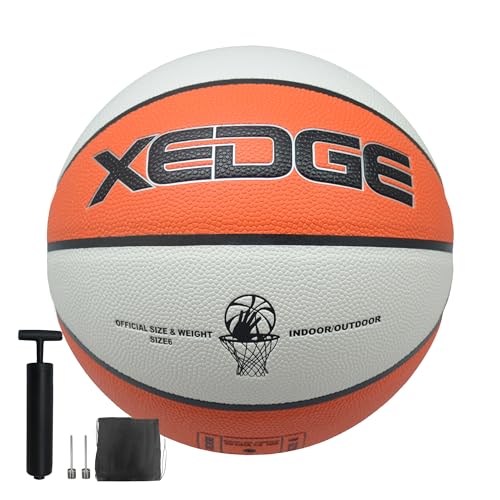 XEDGE Basketball 28.5” Size 6 Indoor Outdoor Leather Basketball Set - color: Orange