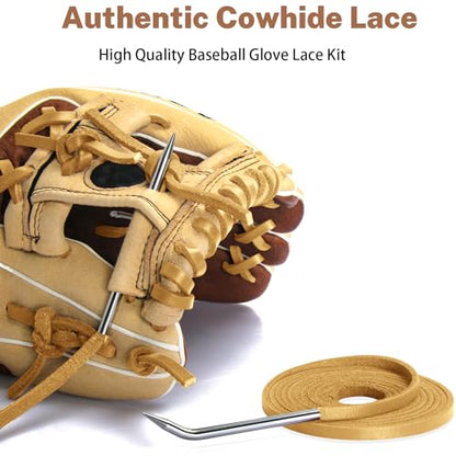Softball Baseball Glove Lace, Mitt Lace Repair Kit Includes 2 Leather Laces and Lacing Needle for Catcher's Glove - color: Light Brown