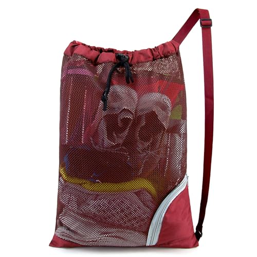 BeeGreen Mesh Drawstring Bag Swim Backpack for Beach Pool Sports Gym Draw String Cinch Bags for Swimming Soccer Basketball Gear Red - color: Red