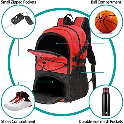 WOLT Basketball Backpack Large Sports Bag with Separate Ball Holder & Shoes Compartment, Best for Basketball, Soccer,Gym - color: Red