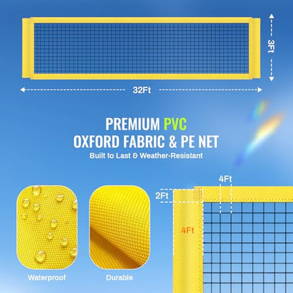 Professional Outdoor Volleyball Net Set with Arm Sleeves & Beach Fixed Plate, Heavy Duty 32ft Ply Reinforced Net with Steel Anti-Sag Winch, Height-Adjustable Poles, Carry Bag for Backyard Beach Lawn