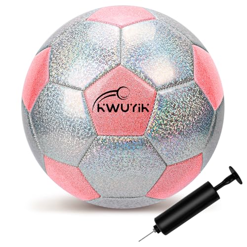 Soccer Ball Size 3 4 5 Glitter Pink Purple Black Silver with Pump Toddler Soccer Ball for Kids Aged 3-6 6-8 8-12 Outdoor Training Ball for Girls Boys Children Youth Teens - color: Pink & Silver Spliced, size: 5
