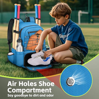 MATEIN Baseball Bat Bag for 4 Bats with Ball Pocket, Lightweight Youth Baseball Backpack with Shoe Compartment, Large Capacity Softball Equipment Bag with Fence Hook for TBall Gear, Helmet, Glove - color: Blue