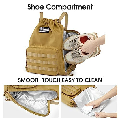 G4Free Drawstring Backpack Gym Backpack Soccer Basketball Bag with Shoes Compartment Tactical Water-Resistant String Sports Bag for Men Women(Tan) - color: Tan
