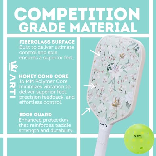 ARTI Pickleball Paddles Set of 2-USAPA Approved Fiberglass Surface Pickleball Set,2 Pickleball Rackets, 4 Balls and 1 Portable Carry Bag - color: Flower Pink And Green