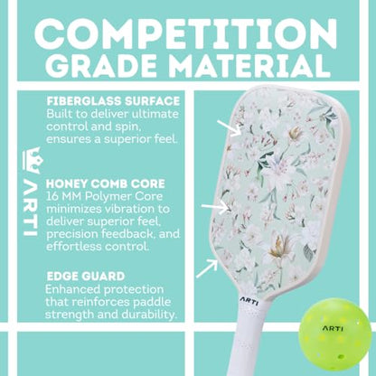ARTI Pickleball Paddles Set of 2-USAPA Approved Fiberglass Surface Pickleball Set,2 Pickleball Rackets, 4 Balls and 1 Portable Carry Bag - color: Flower Pink And Green