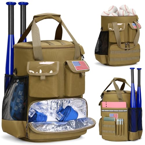 RAINSMORE Baseball Bucket Bag Baseball Coaches Accessories Organizer with Insulation Pocket Tactical Softball Bag with Anti-Slip Bottom, Multiple Pockets for Bat, Gloves, Scoreboards - color: brown
