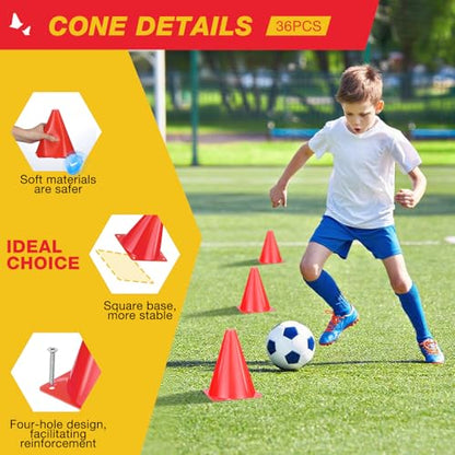 36pcs Cones 7 Inch Soccer Cones and Plastic Traffic Cones, Durable Cones for Sports Training, Ideal for Soccer, Basketball, Football, Skating, and Agility Drills Practice - color: red