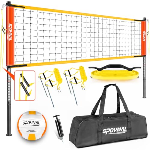 32FT Portable Volleyball Net System for Backyard - Adjustable Height Beach & Grass Court Sand-Resistant Outdoor Training Set with Pro-Grade Volleyball, Pump, Boundary Lines & Carry Bag(Bright Orange)