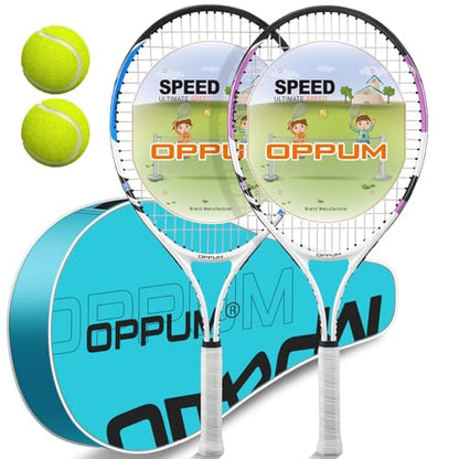 2-Pack Kids Tennis Racket Set, 16 21 23 25 Inch Junior Racquets for Boys Girls, Lightweight Aluminum Starter Kit with Shoulder Bag and 2 Balls - color: 25 inch-2pcs New(Purple+Blue)