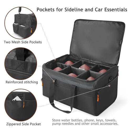 Football Ball Bag, Holds 6 Official Size Footballs, 900D Oxford Football Carrying and Storage Bag with Adjustable Dividers, Pockets and Shoulder Strap