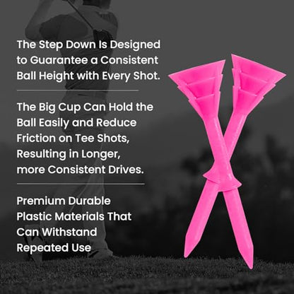 FINGER TEN Golf Tees Plastic Unbreakable 30 Tees 3 1/4 Inch and 20 More Short Tees 1 1/2 Inch with Black Golf Tee Bag, Easy to Find Value Gift Set - color: Pink
