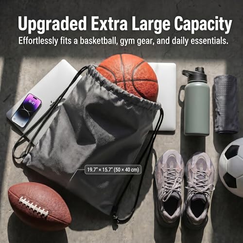 Extra Large Drawstring Backpack, Heavy-Duty Oxford String Bag for Basketball, Soccer & Laptop (2, Gray) - color: Gray