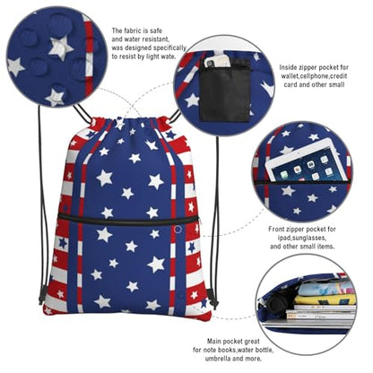 Patriotic Stars Stripes 4th of July Drawstring Bag, Memorial Day Independence Day Red Blue Waterproof Drawstring Bckpack for Gym Sports, Sackpack Bag with Front Zipper Pocket and Inside Zipper Pocket - color: Stars Stripes