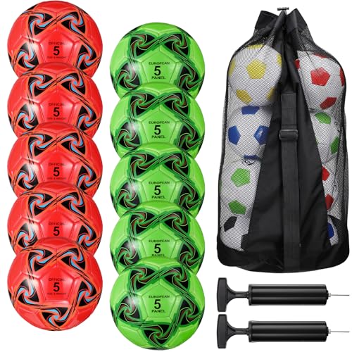 Libima 13 Pcs Soccer Ball Bulk 10 Pcs Official Size 4, 5 Soccer Ball with 2 Pump and Carry Bag Outdoor Indoor Training Practice Football Sports Party Back to School - color: Red, Green, size: Size5, style: Pentagram Style