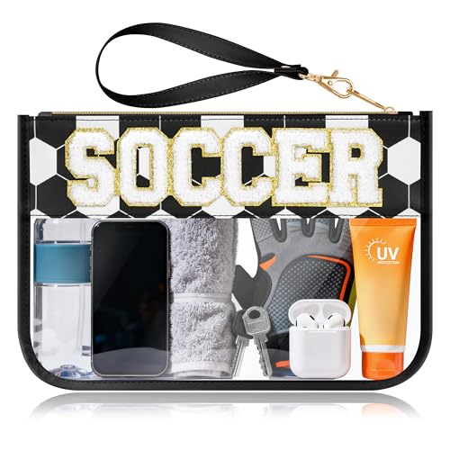 BuyCard Soccer Gift Clear Cosmetic Pouch, PVC Organizer Purse with Chenille Letter Patch, Waterproof Travel Makeup Bag, Portable Toiletry Storage Bag for Friends, Black - color: Black-Soccer