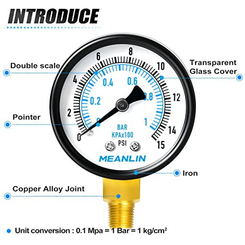 0-15Psi 2" DIAL FACE 1/8" NPT Well Pump Pressure Gauge, with 1/4" NPT and 3/8" NPT Hex Bushing, 3-2-3% Accuracy, Lower Mount - size: 0-15Psi, style: 1/8"NPT Lower Mount