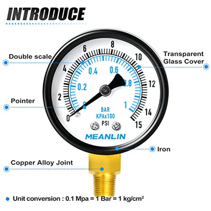 0-15Psi 2" DIAL FACE 1/8" NPT Well Pump Pressure Gauge, with 1/4" NPT and 3/8" NPT Hex Bushing, 3-2-3% Accuracy, Lower Mount - size: 0-15Psi, style: 1/8"NPT Lower Mount