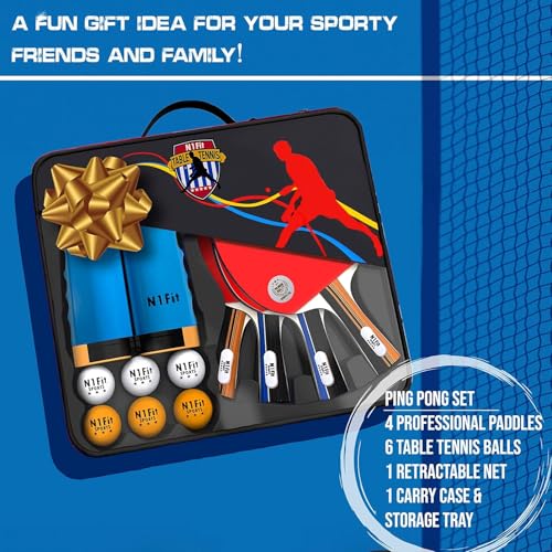 N1fit Ping Pong Paddle Set - 4 Professional Rackets, Retractable Net, 6 Pig Pong Balls, Carry Case - Indoor and Outdoor Table Tennis Play